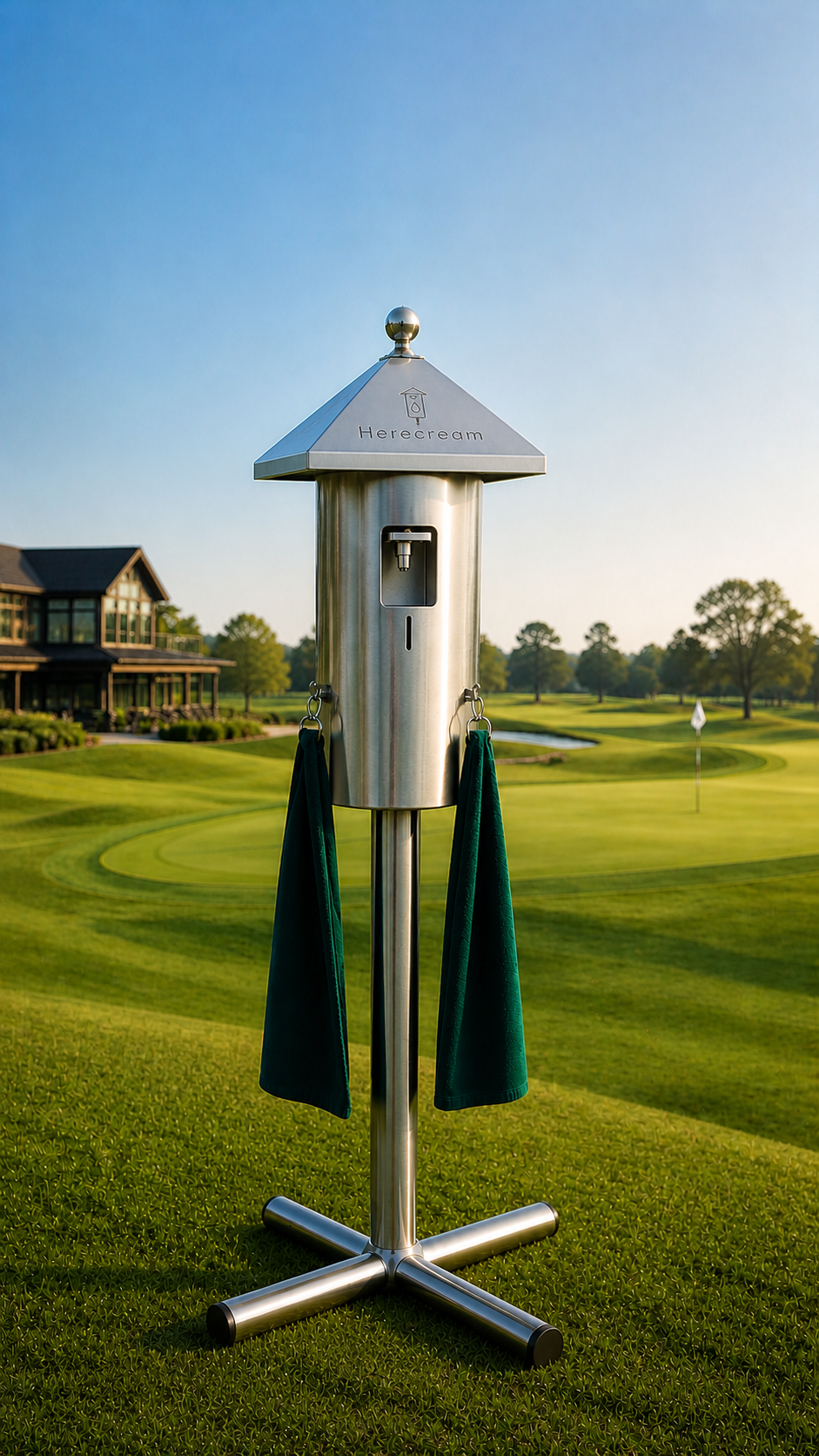 Dispensador automático Herecream de pie en campo de golf